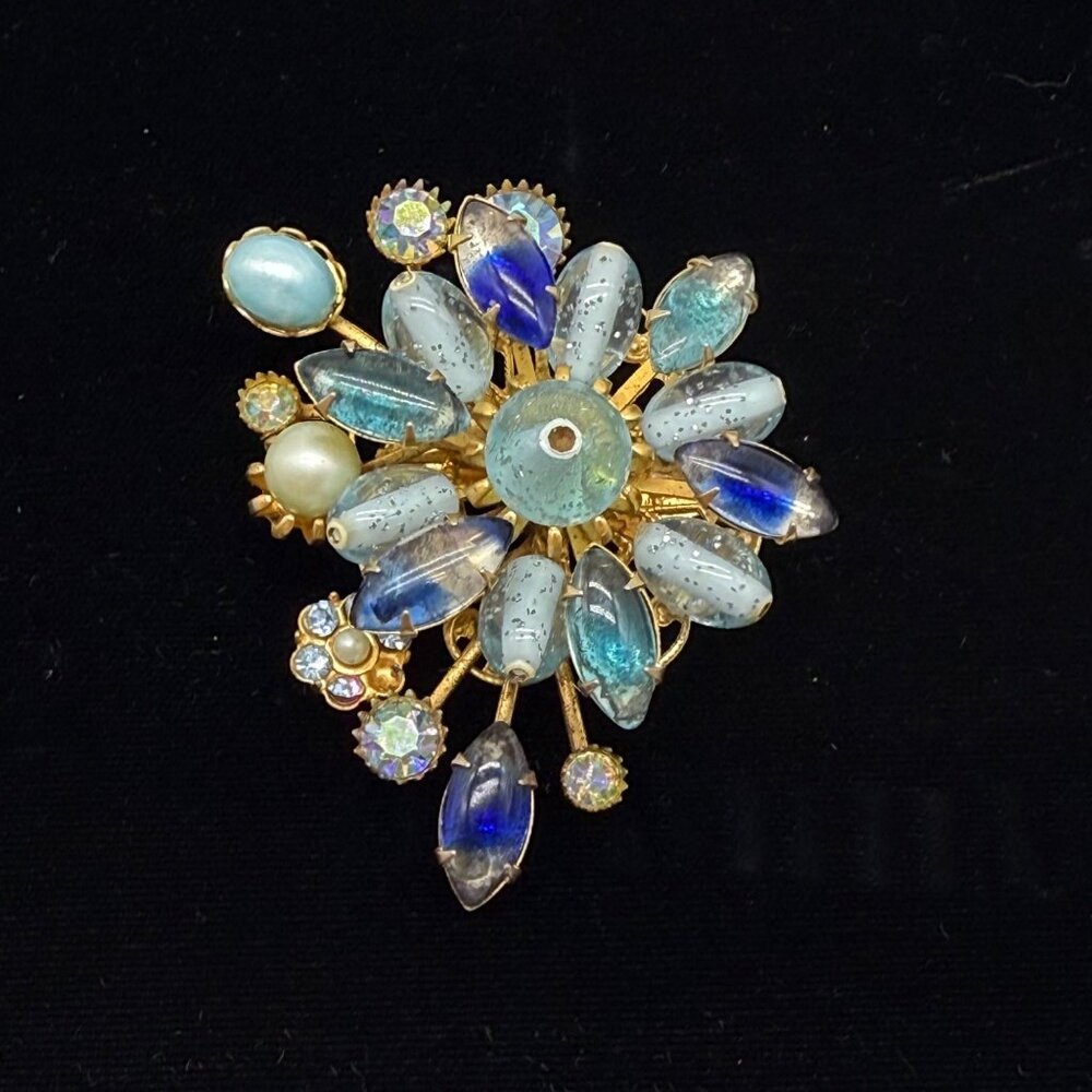 Vintage Judy Lee Art Glass Blue Spray Flower Brooch Pin READ - Picture 2 of 11
